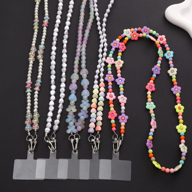 Necklace Acrylic Beaded Phone Lanyard Pearl Colorful Anti-Lost Crossbody Strap Mobile Chain DIY Phone Case Pendant Gift Women