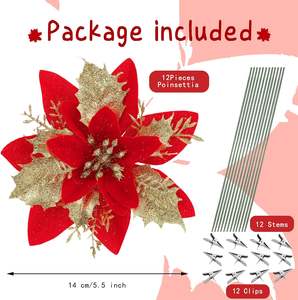 2025 adornos de decoración de árbol de Navidad rojo flor Artificial Flor de Pascua dorada brillo flores de Navidad - Product Image 6