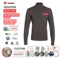 Chemise de sport en laine mérinos à manches longues Solarwool marron avec col montant et fermeture éclair 1/4 pour homme, idéale pour le cyclisme