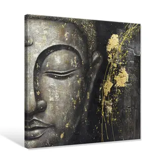 Pintura al óleo sobre lienzo de Buda para decoración de pared de la sala de estar, pintura abstracta moderna hecha a mano, Buda amarillo dorado de media cara, 100%