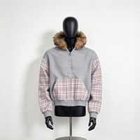 Sweat à capuche zippé pour homme, épais 400 g/m², à manches à carreaux, col en fausse fourrure, style patchwork vintage, streetwear, coupe oversize, personnalisable OEM