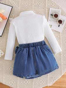 Nuovo autunno e inverno cross-border dolcevita per bambini con foglia di loto lavorato a maglia top pesante in denim con perline set due pezzi