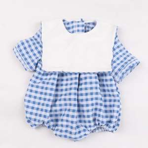 Personalized Woven Gingham Summer Sleeveless Toddler Outfit Bib Collar Cotton Baby Unisex Bubble Romper <strong>Onesie</strong> - Product Image 2