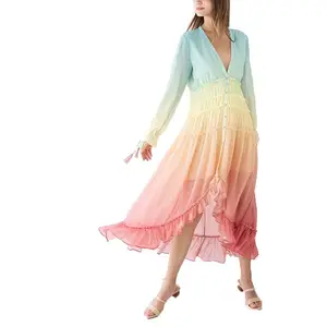 Özel tasarım elbiseler desen kadın giyim moda ombre uzun elbise uzun kollu v boyun boyalı şifon elbise düğmesi ile