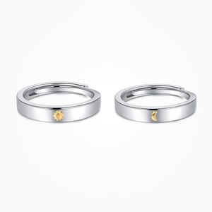 Anillo de Pareja de Moda Europea, Chapado en Cobre, Oro Blanco, Ajustable, con Diseño de Sol y Luna, para Hombre y Mujer - Product Image 5