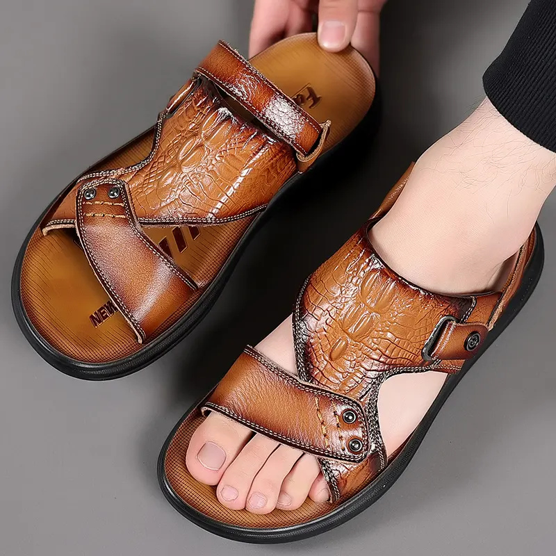 high quality men genuine leather sandals beach flat sandals outdoor