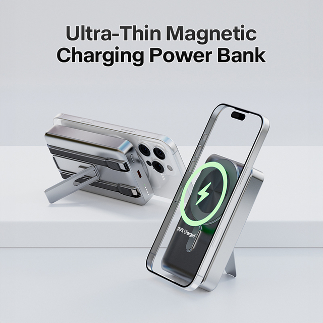 Ultra Thin Magnetic Wireless Charging Power Bank 15W Fast Charging with Built in Cables and Kickstand for iPhone and Android