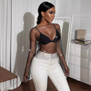 Moda mujer desgaste cuello redondo manga larga <span class=keywords><strong>Camiseta</strong></span> Top mujer Sexy diamantes <span class=keywords><strong>de</strong></span> imitación Fishnet blusa interior camisa <span class=keywords><strong>de</strong></span> fondo verano - Product Image 1
