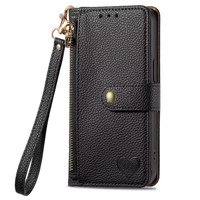 Étui portefeuille en cuir à rabat de luxe avec motif cœur pour iPhone 15, porte-cartes et support pour téléphone portable avec couverture de livre