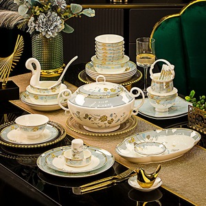 Sang trọng sứ Mỹ Bộ đồ ăn mới xương Trung Quốc Vàng Bộ đồ ăn gốm in ấn chiếc đĩa Bát tấm cho khách sạn - Product Image 3