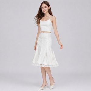 White Dropped Waist Midi Skirt Lace Trim Pleated A-Line Women Summer Casual Satin - Product Image 5