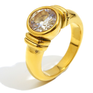 Stainless Steel Round Zircon Bezel Band <b>Ring</b> Vintage Textured Stackable <b>Statement</b> Finger <b>Ring</b> For Women Daily Party Jewelry - Product Image 1