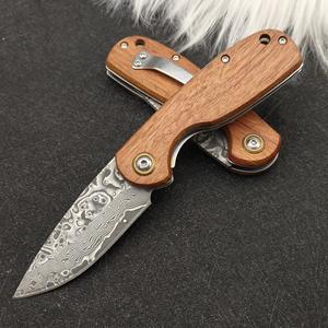 MY7R小型ダマスカス鋼ポケットナイフカスタムロゴサンダルウッドハンドル折りたたみ式EDCキャンプフルーツナイフ鋭い護身用ナイフ - Product Image 1