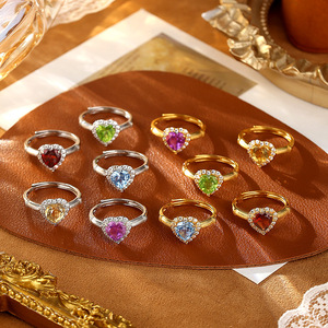 Trending Halo Set 7mm Heart Cut Natural Stone <b>Rings</b> <b>Adjustable</b> 925 Sterling Silver Gold Plated Brush Metal Jewelry Wholesale - Product Image 3
