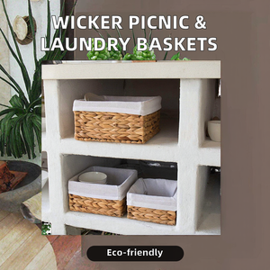 Rectangular Natural Rattan Storage <b>Baskets</b> with Liner for Kitchen Organization Rustic Style Eco-Friendly Stackable Design - Product Image 2