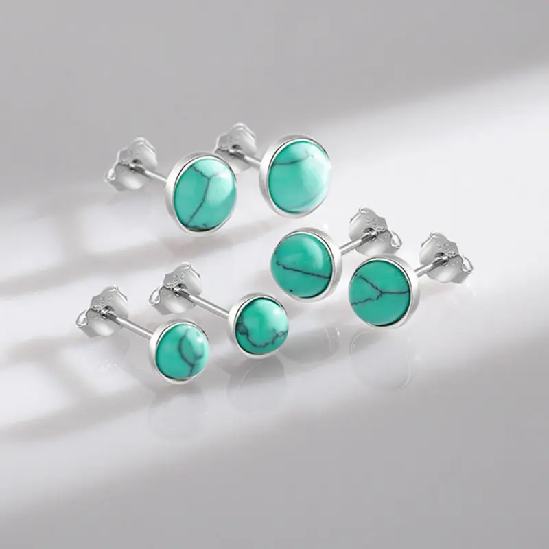 Fashion Women's Green Jewelry Wholesale 925 Sterling Silver Bezel Setting Round Turquoise Stud Earrings