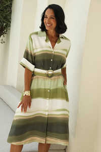 Vestido Midi de Manga Corta <span class=keywords><strong>Celia</strong></span> para Mujer, Fresco y Cómodo, con Estampado Irene en Verde Oliva y <span class=keywords><strong>Blanco</strong></span> - Product Image 2