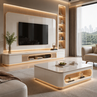 Meuble TV mural blanc brillant moderne, console multimédia de luxe en bois cannelé avec éclairage LED, ensemble table basse pour projet de villa CE