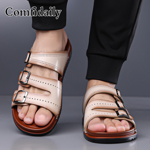 Comfdaily Men Genuine Leather <b>Slides</b> Open Toe Anti <b>Slip</b> Rubber Outsole Casual Summer Sandals - Product Image 2