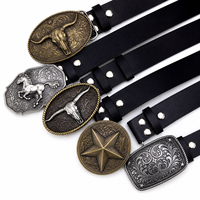 Boucle de ceinture en cuir noir et argent antique gravée avec un crâne de taureau Longhorn de style western cowboy, vente en gros