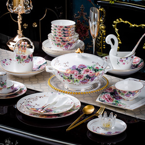 Service de table en porcelaine fine de luxe 70 pièces avec bordure dorée, motif floral <span class=keywords><strong>rose</strong></span>, <span class=keywords><strong>assiette</strong></span> à dîner en céramique - Product Image 5