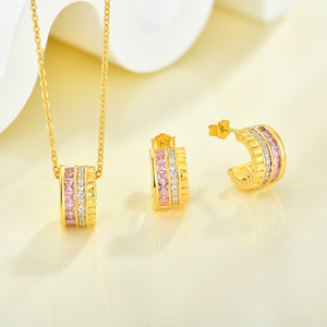 YILUN - Conjunto de Collar y Aretes con Piedras de Circonita Rosa Chapadas en Oro, Joyería de Plata de Ley 925 para Mujer - Product Image 2