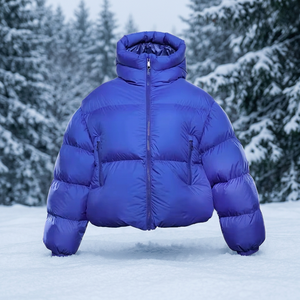 Blouson d'hiver rembourré en duvet bleu à capuche unisexe décontracté épais avec fermeture éclair coupe courte ample couleur unie en polyester - Product Image 2