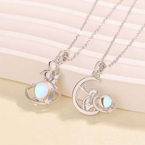 Platinum Plated Opal Princess and Fox Charm Pendant Couple Necklace for Men Women Couple Clavicle <b>Chain</b> Valentine Day Gift - Product Image 1