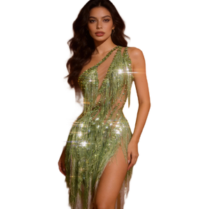 Robe longue asymétrique à strass et franges pour femme, idéale pour anniversaire, soirée, banquet, club, fête, spectacle ou <span class=keywords><strong>festival</strong></span> - Product Image 1