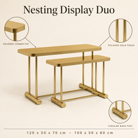Ensemble de tables de présentation en acier inoxydable doré poli, coins arrondis, pour magasin de détail, fabrication OEM ODM