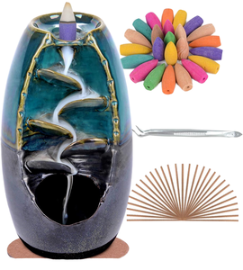 Brûleur d'encens en céramique à refoulement pour bois de santal chinois, diffuseur d'aromathérapie bleu avec 120 cônes, 30 bâtonnets et pinces - Product Image 1