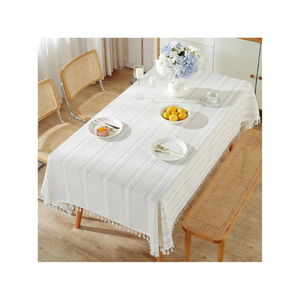 Half White Striped Sustainable Affordable 100% Cotton Embroidered Green 4ft Tablecloth for Family Gatherings Machine Washable - Product Image 1