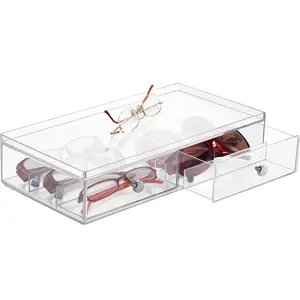 Clear Acrylic Organizer Box Holder For Sunglass Reading Glasses Lens Cleaning Cloths Accessory 2 Divided Drawers With 6 Sections