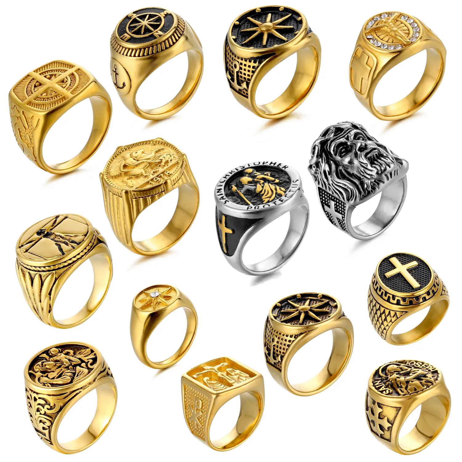 أوليفيا فاخر مخصص تصميم بوصلة مجوهرات ثقيلة بيع بالجملة ديني 18 قيراط ذهبي فضي أسود خاتم الفولاذ المقاوم للصدأ للرجال