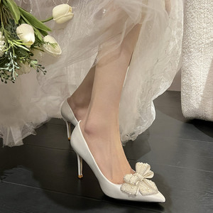 Bride New White Wedding <b>Shoes</b> Women's Stiletto Pointed Toe Satin Pearl Bow High Heels for Ladies - Product Image 4