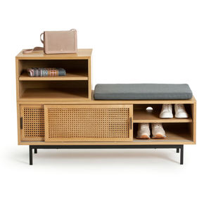 Nature <strong>Small</strong> Entryway Shoe <strong>Bench</strong> with <strong>Bench</strong> with 2 Rattan Sliding Doors and Metal Legs for <strong>Hallway</strong> - Product Image 2