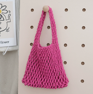 ถุงตาข่ายผ้าฝ้ายถักมือกระเป๋าชายหาดวันหยุดทรงถังมีเชือกสีลูกกวาดออกแบบโลโก้ได้ตามต้องการ - Product Image 4