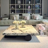 Table basse de luxe en marbre Calacatta, plateau carré blanc, base en acier inoxydable, design élégant pour villa, hôtel, appartement