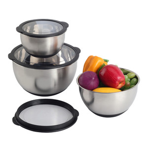 Each bowl is equipped with a black, sealable lid featuring a transparent section Stainless Steel Mixing Bowl Set - Product Image 1
