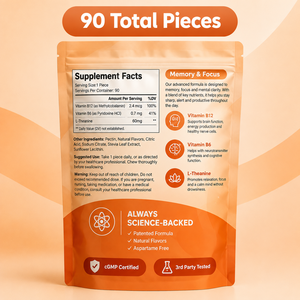 Étiquettes personnalisées Gommes Mémoire & Concentration avec Vitamine B, Complément pour la Santé Cérébrale, Favorise l'Équilibre de l'Humeur, Gommes sans Caféine à la L-Théanine - Product Image 6