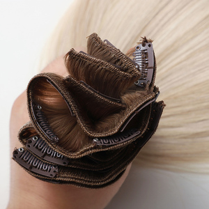 批发价超双拉角质层对齐真正的人头马俄罗斯头发延伸隐形无缝夹纬纱 - Product Image 4