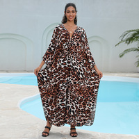 Robe longue ample en polyester couleur dorée, grande taille, utilisable comme veste de plage ou chemise de protection pour bikini à imprimé léopard