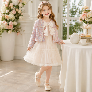 Completo 2 pezzi per <span class=keywords><strong>bambina</strong></span> 2026: Giacca in tweed francese a maniche lunghe e vestito in tulle traspirante per feste, abbigliamento <span class=keywords><strong>da</strong></span> principessa, boutique per bambini, lusso discreto - Product Image 3