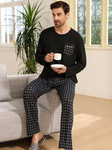 Vêtements de nuit à col rond et poche à carreaux pour hommes Ensemble de pyjama avec pantalon à manches longues Mode pyjama en coton pour hommes Ensemble de vêtements de détente confortables - Product Image 6