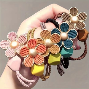 Set di 5 Elastici per Capelli con Perline a Forma di Fiore, Alta Elasticità, Accessori per Coda di Cavallo, Fasce per Capelli Rotonde da Donna - Product Image 6
