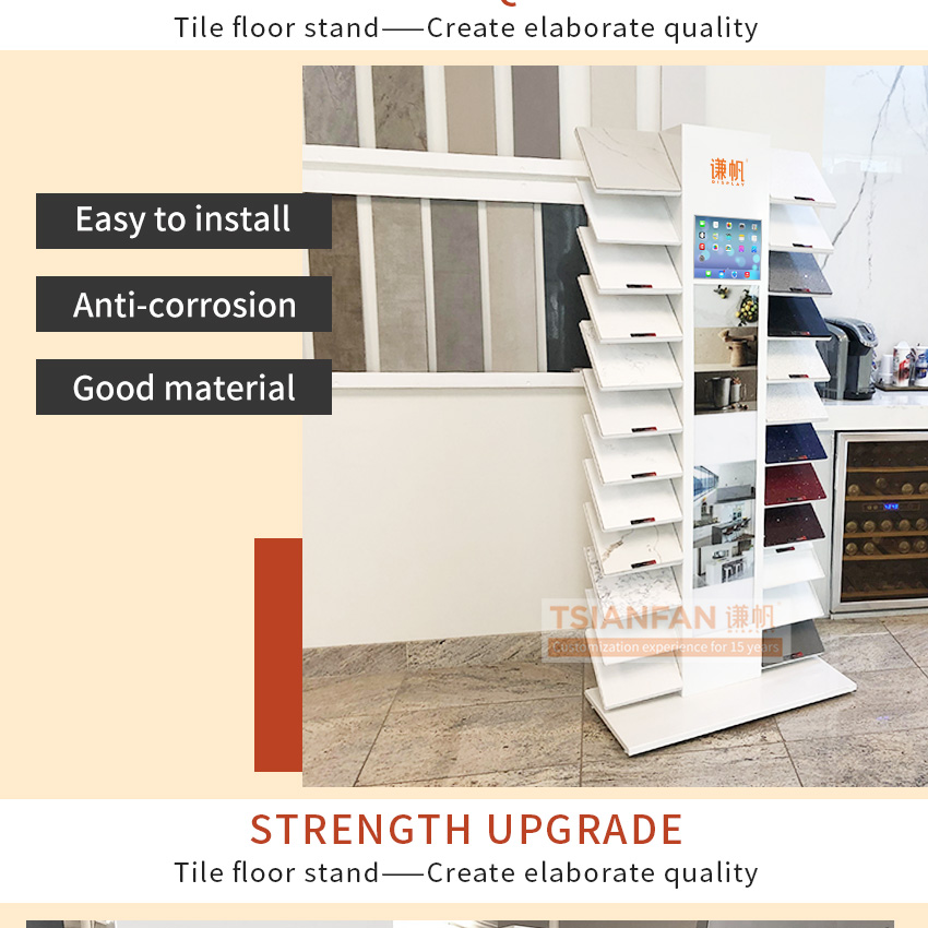 Factory direct floor-standing marble slab natural stone tile panel exhibition hall quaraz metal granite display stand