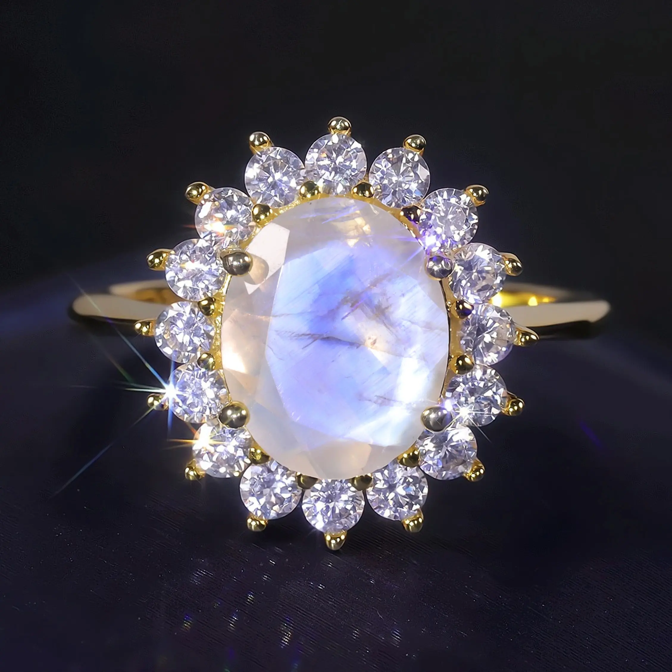 A015 Abiding Jewelry Good Quality 925 Silver Wholesale Vintage Gold Plated Engagement Ladies Rainbow Blue Moonstone Ring