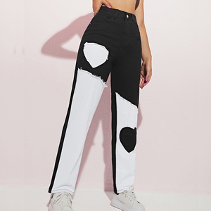 Pantalon droit en denim à deux tons avec patch en forme de cœur, en coton sergé, pour femmes, <span class=keywords><strong>taille</strong></span> <span class=keywords><strong>haute</strong></span>, pantalon déchiré, marque streetwear - Product Image 2