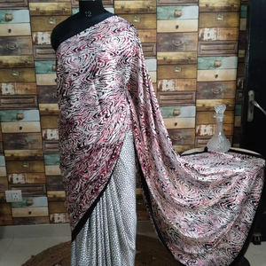 Saree élégant en satin imprimé noir blanc rose avec motif abstrait de style indien Pallu pour adultes pour les fêtes - Product Image 1