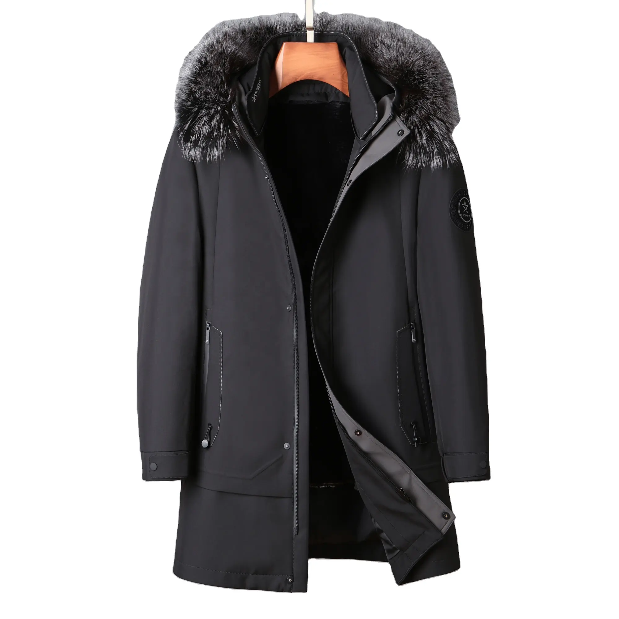 Mens winter detachable long jacket parka overcoat with fox fur collar coyote fur liner Rabbit hair sleeve men's parka fur hood